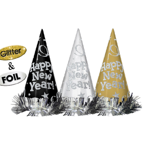 12 Cone Hats Happy New Year Metallic Black, Silver, Gold 22 cm : Amscan ...